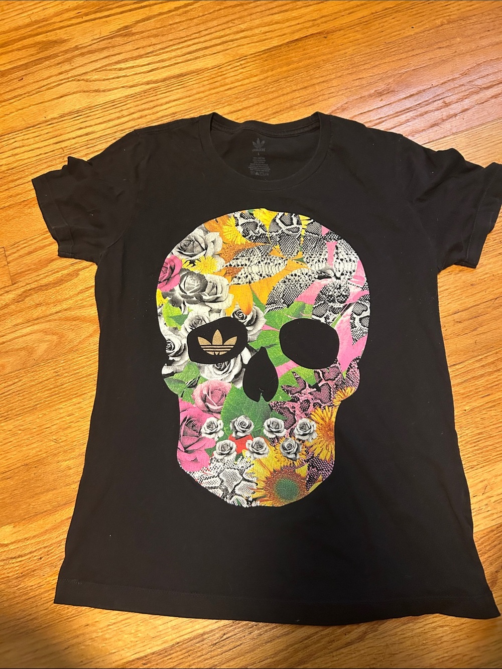 adidas Black Tee with Colorful Floral Skull Graphic